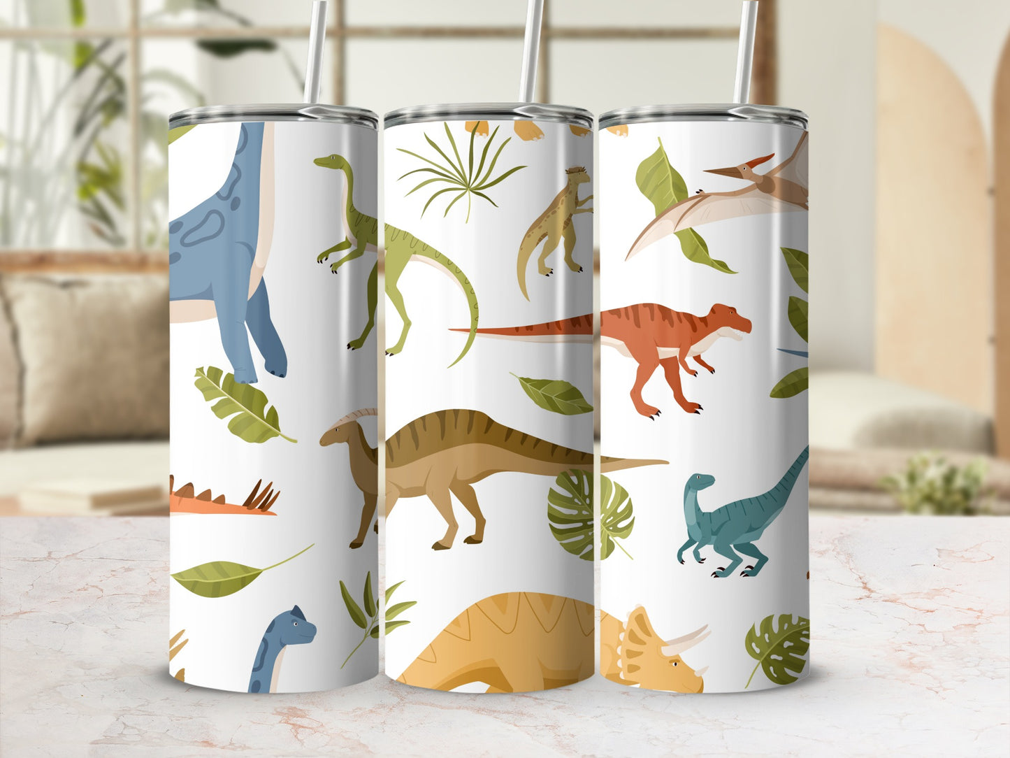 Colorful Dinosaur-Themed Stainless Steel Tumbler