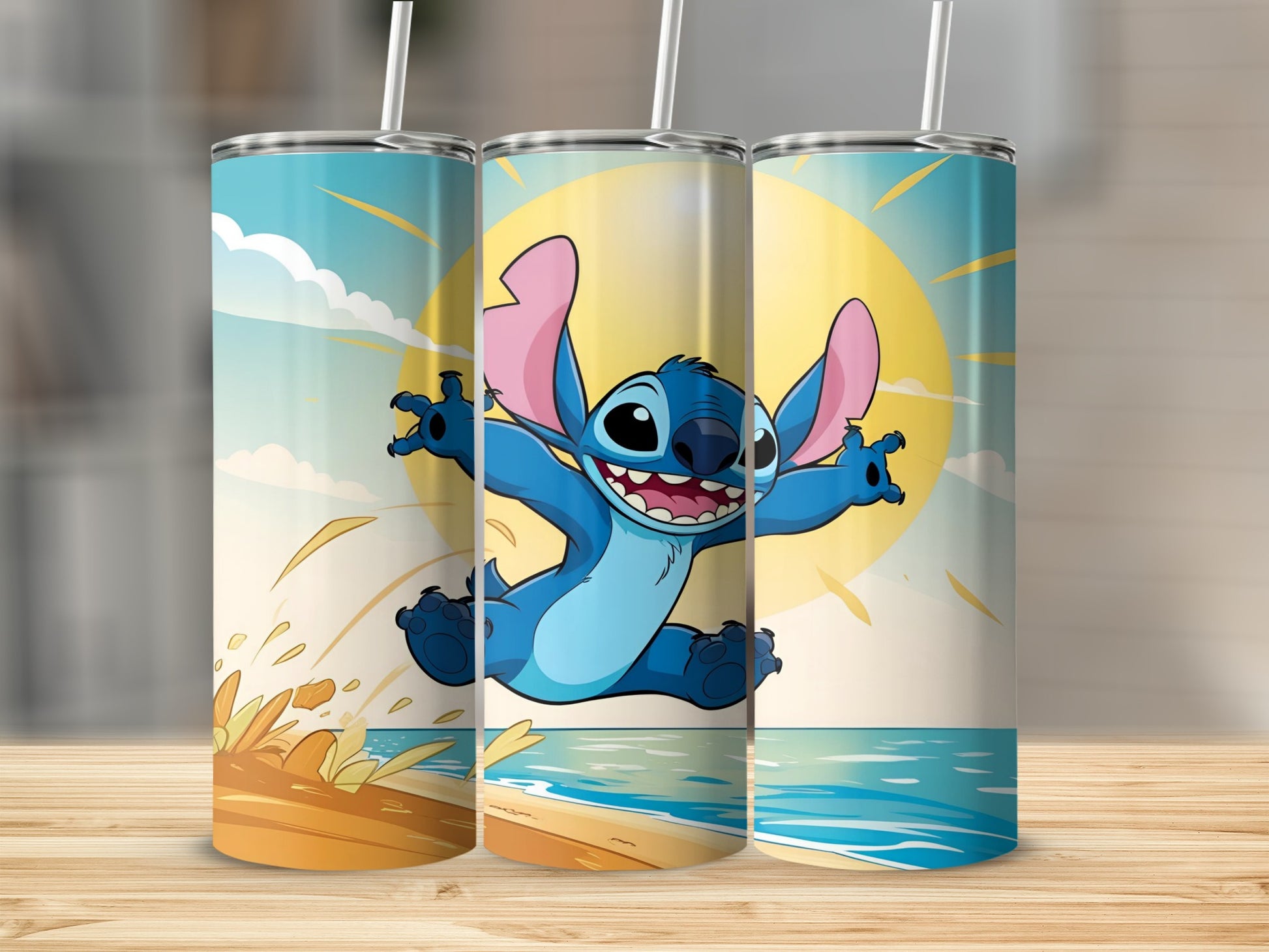 Blue cartoon alien character with arms outstretched on a beach at sunset.