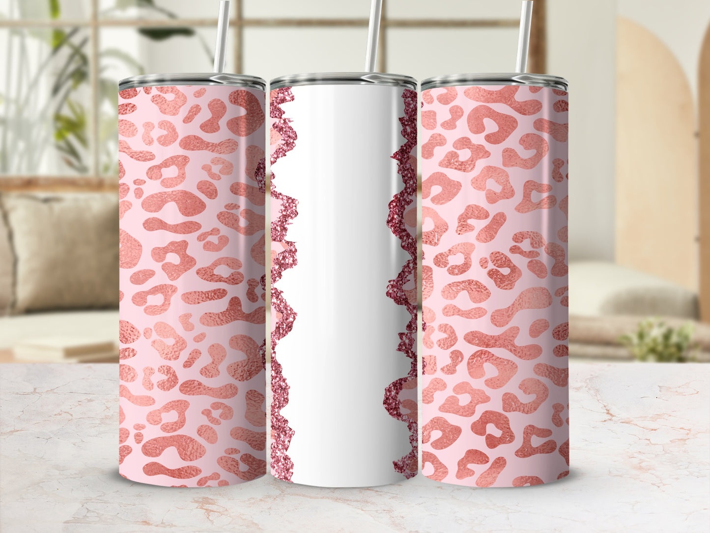 Pink leopard print tumbler with glitter and white center section.