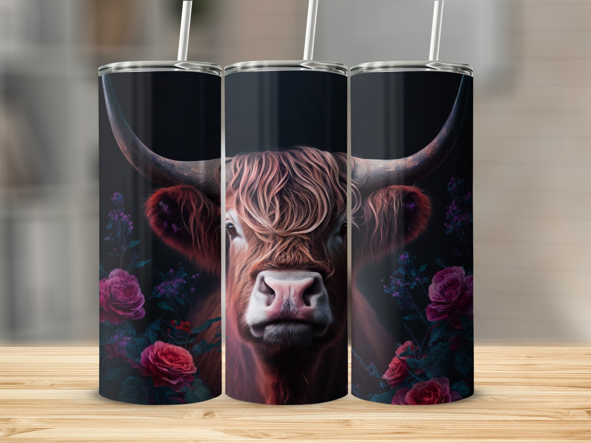 Highland cow with roses on three tumblers.