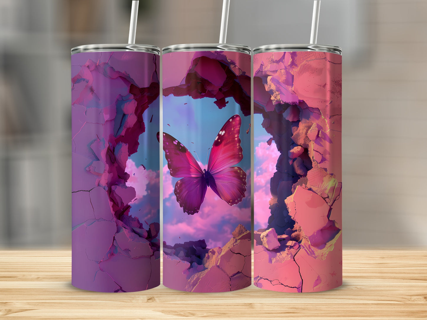 Pink butterfly emerging from cracked purple landscape on three tumblers.