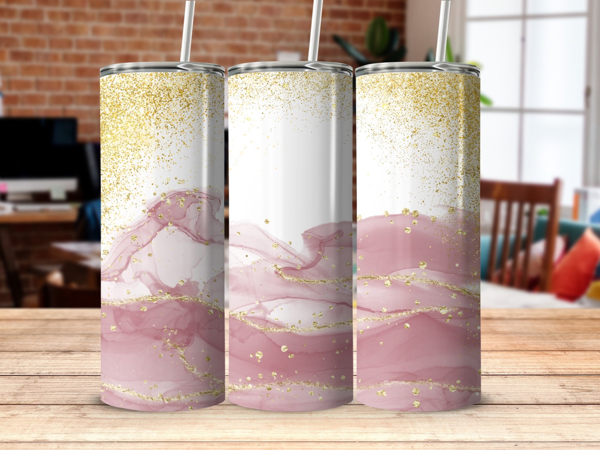 Gorgeous Gold Pink Glitter Waves Tumbler