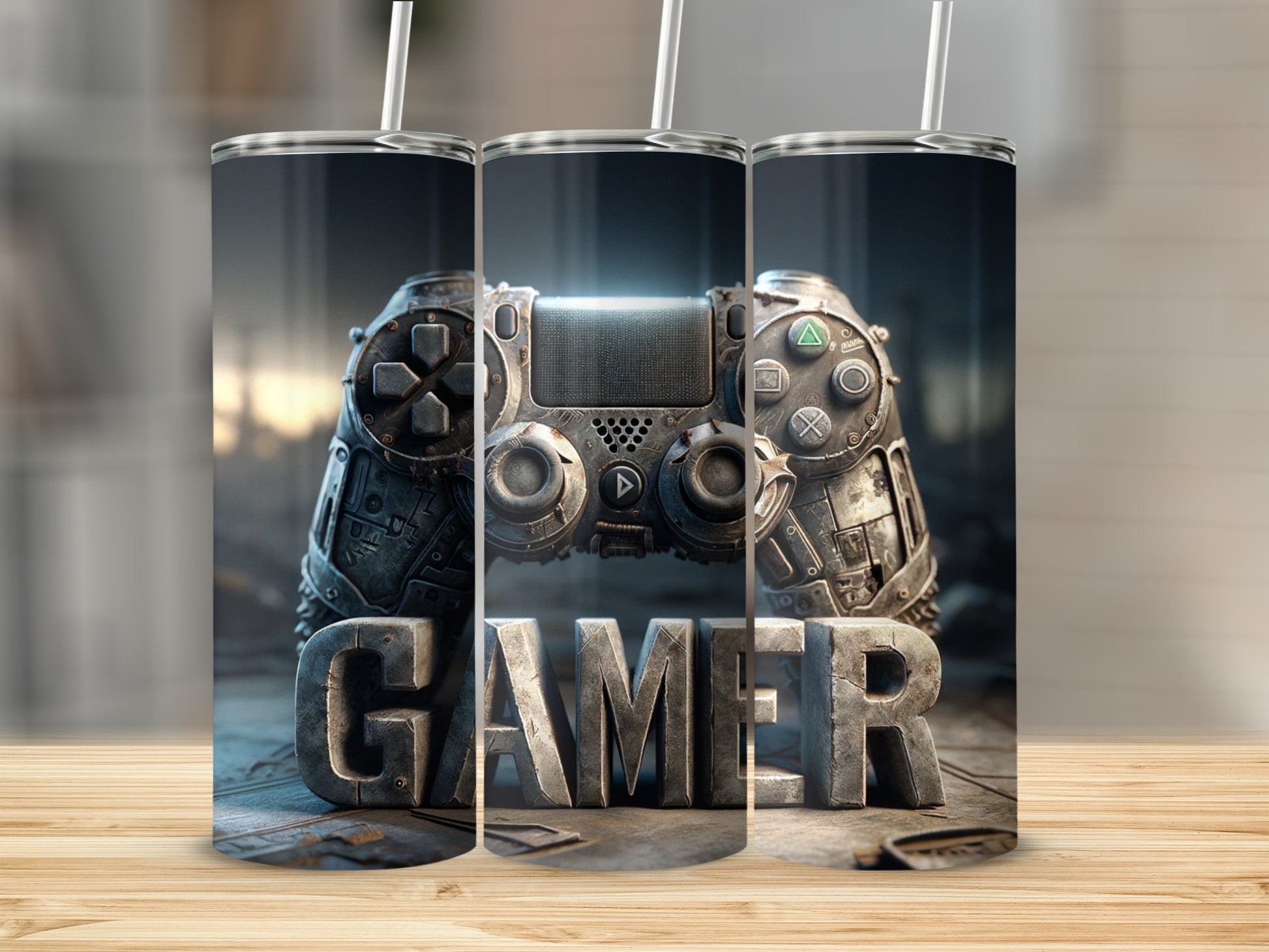 Text "GAMER" overlayed on a distressed, metallic game controller.