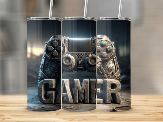 Text "GAMER" overlayed on a distressed, metallic game controller.