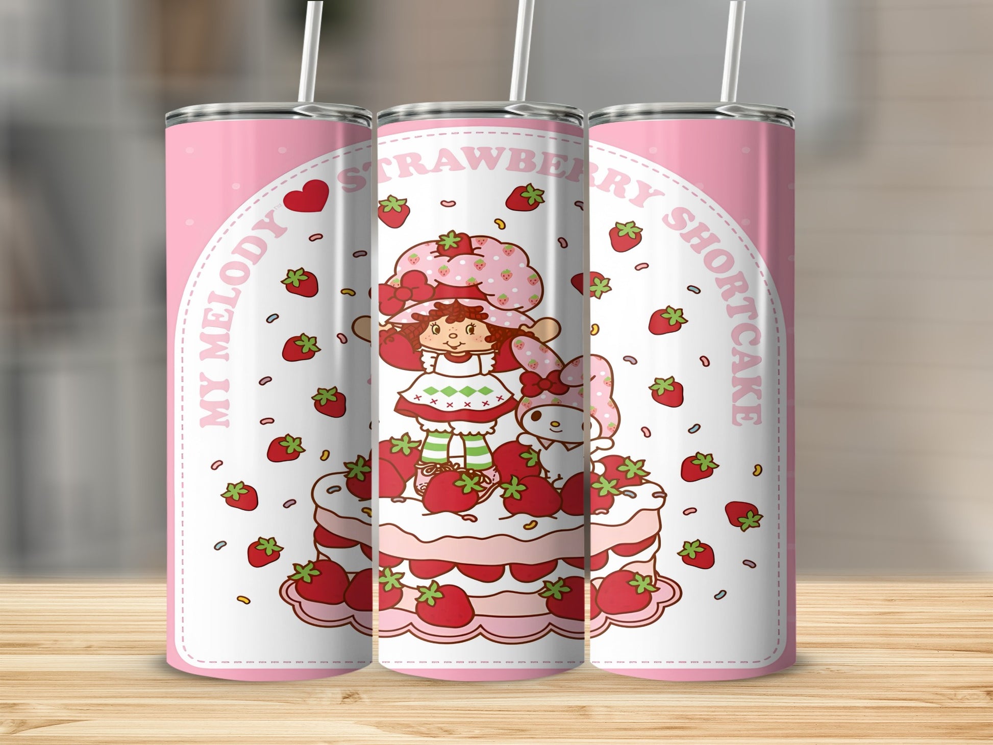 My Melody Shortcake character on a pink tumbler with strawberries.