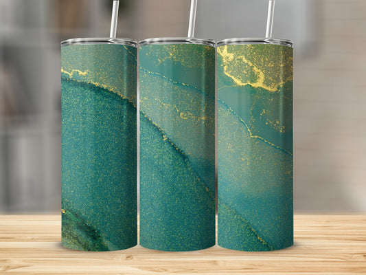 Three tumblers with a teal and gold abstract marble pattern.