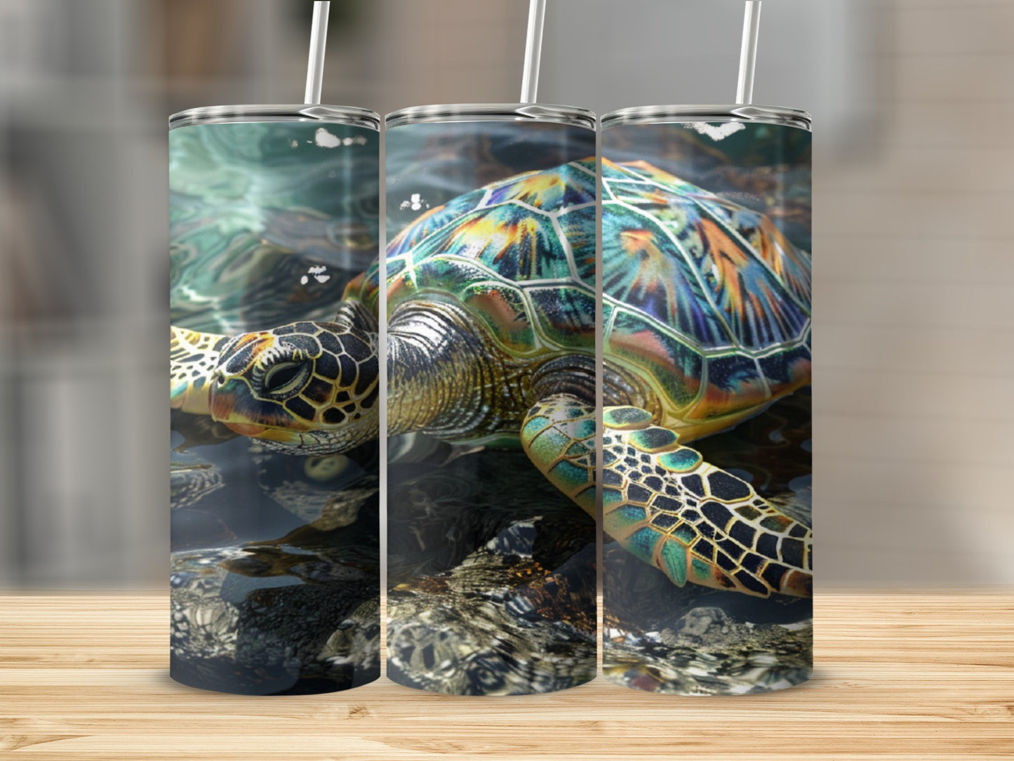 Triptych of a sea turtle swimming in murky water with colorful shell details.