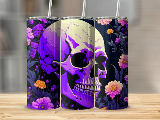 Purple and white skull tumbler with floral pattern.