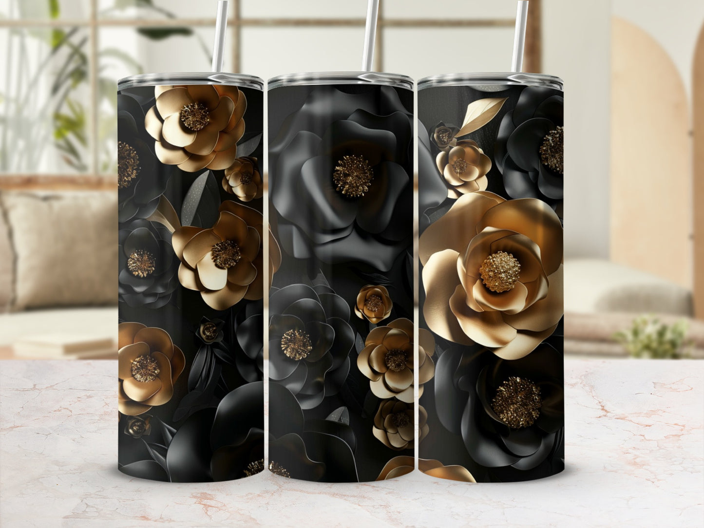Tumbler with realistic black and gold textured flowers and straw.