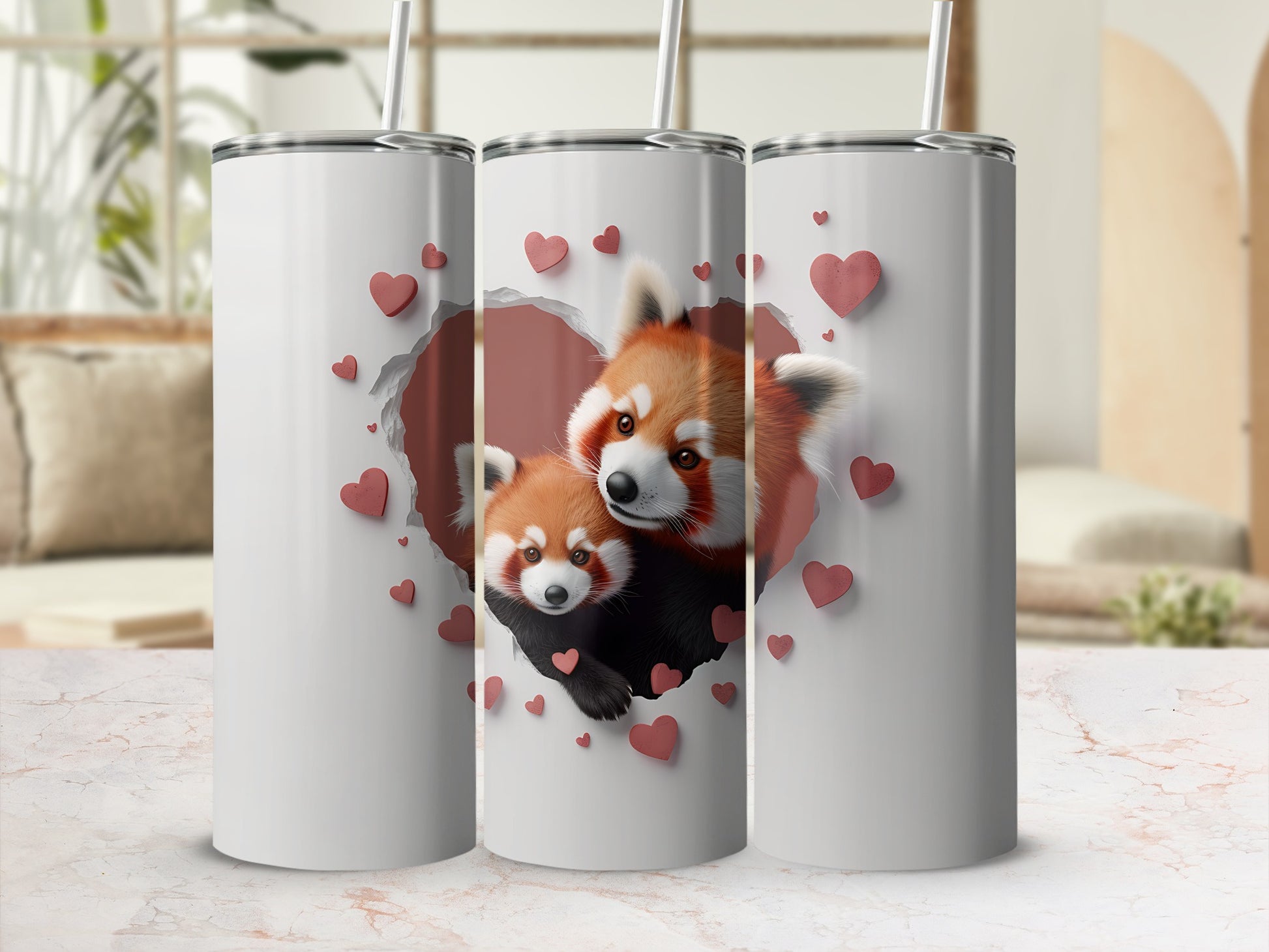 Red pandas peeking through a heart-shaped opening on a white tumbler.