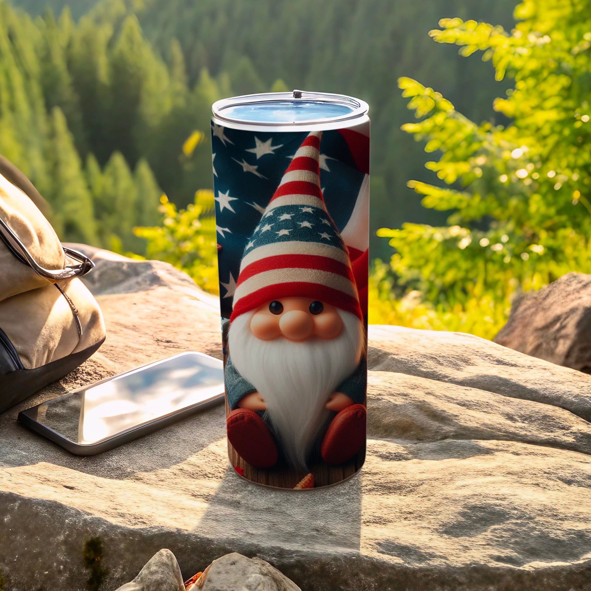 Gnome wearing American flag hat sitting on rocks with backpack and phone.