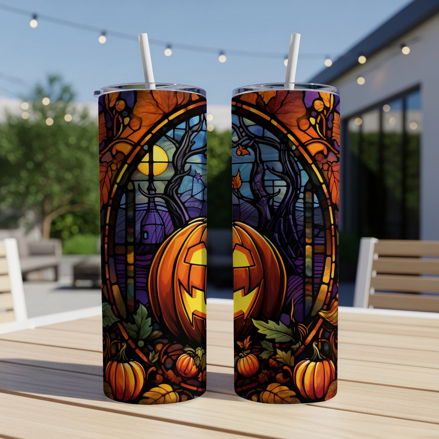Two tumblers featuring a stained-glass Halloween pumpkin design.