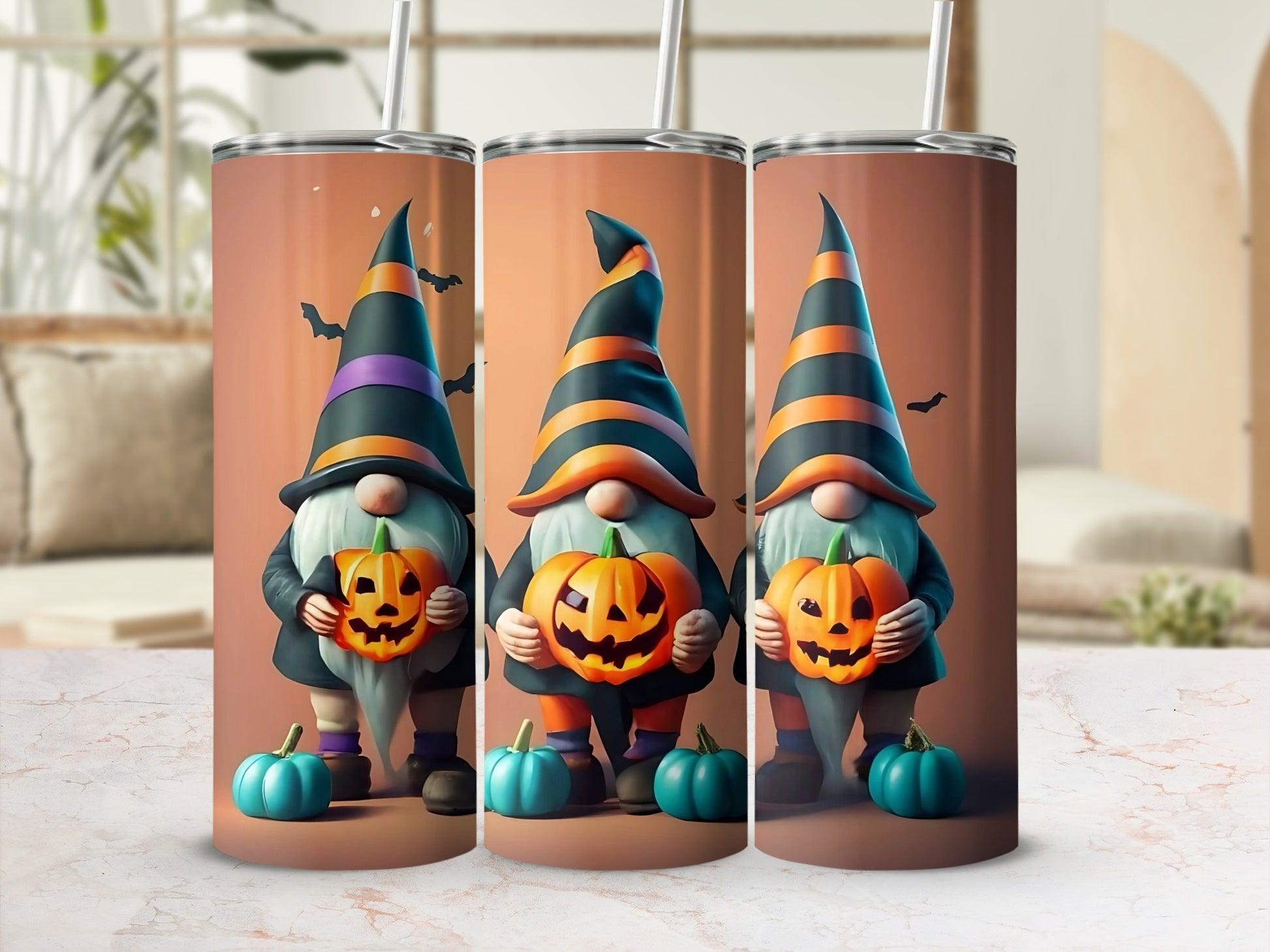Halloween Gnome Tumbler with Pumpkin and Bats Design
