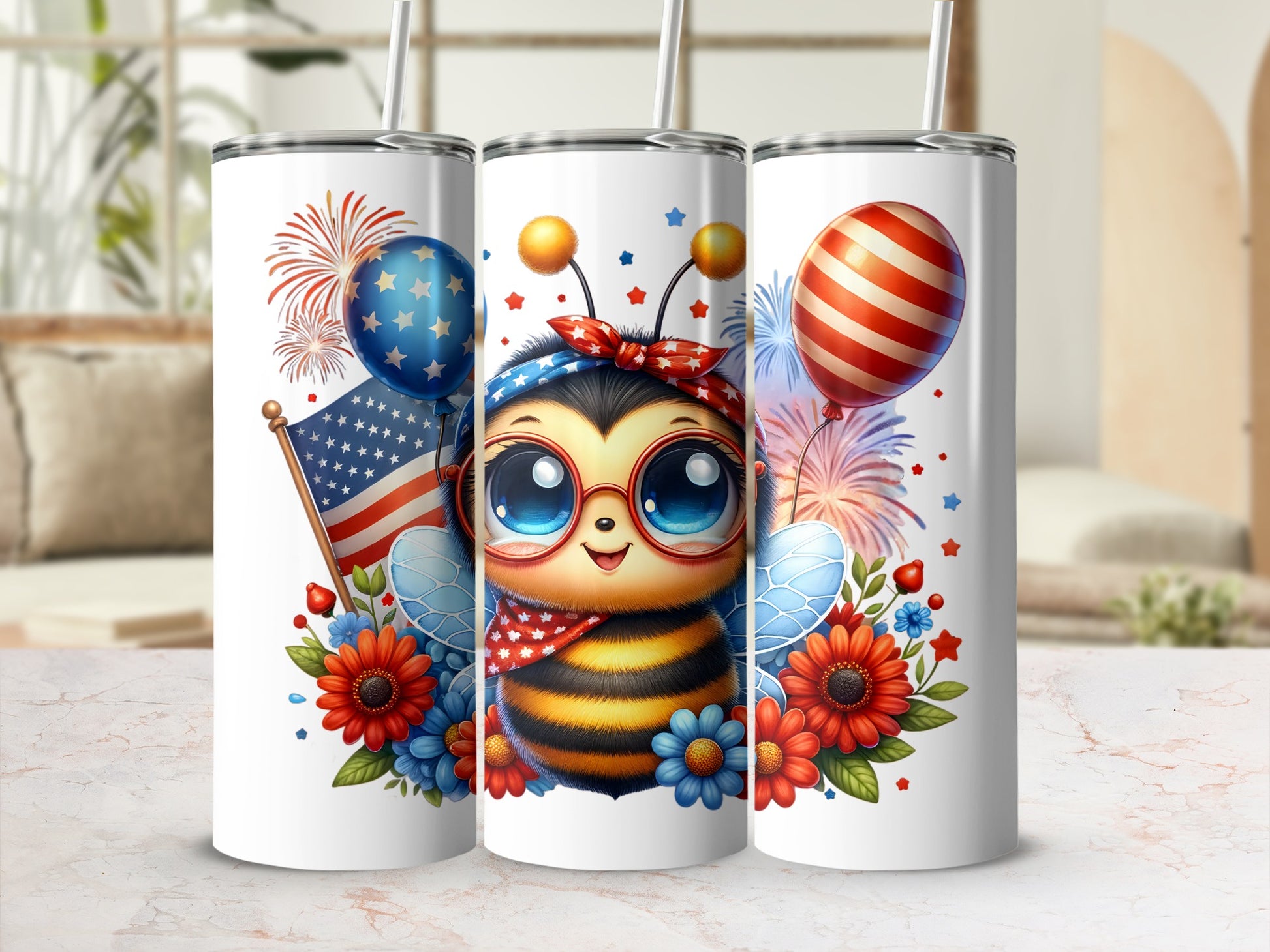 Cute bee in patriotic bandana with fireworks and balloons on tumblers.
