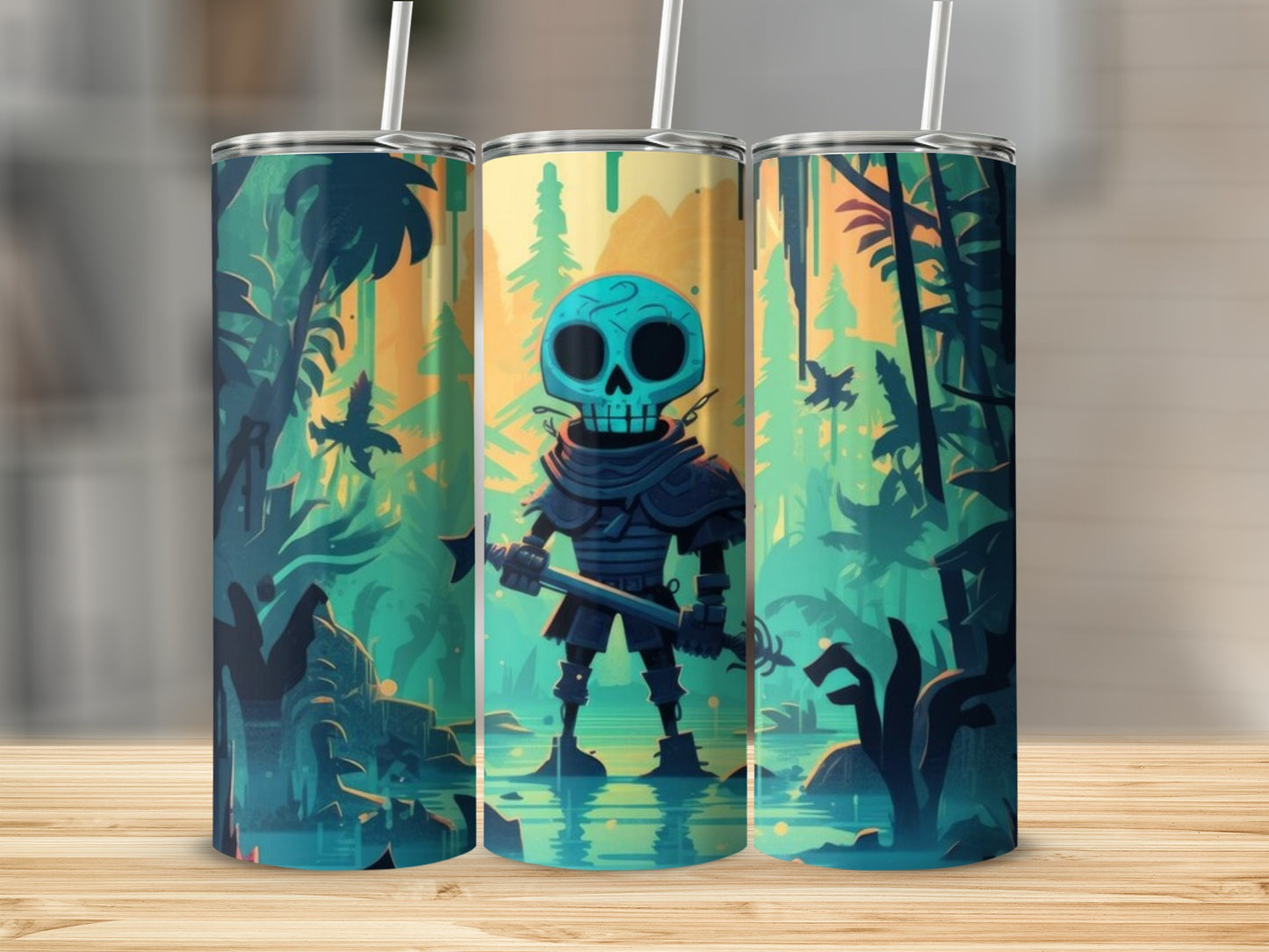 Skeleton warrior with blue skull and sword in jungle, on three tumblers.
