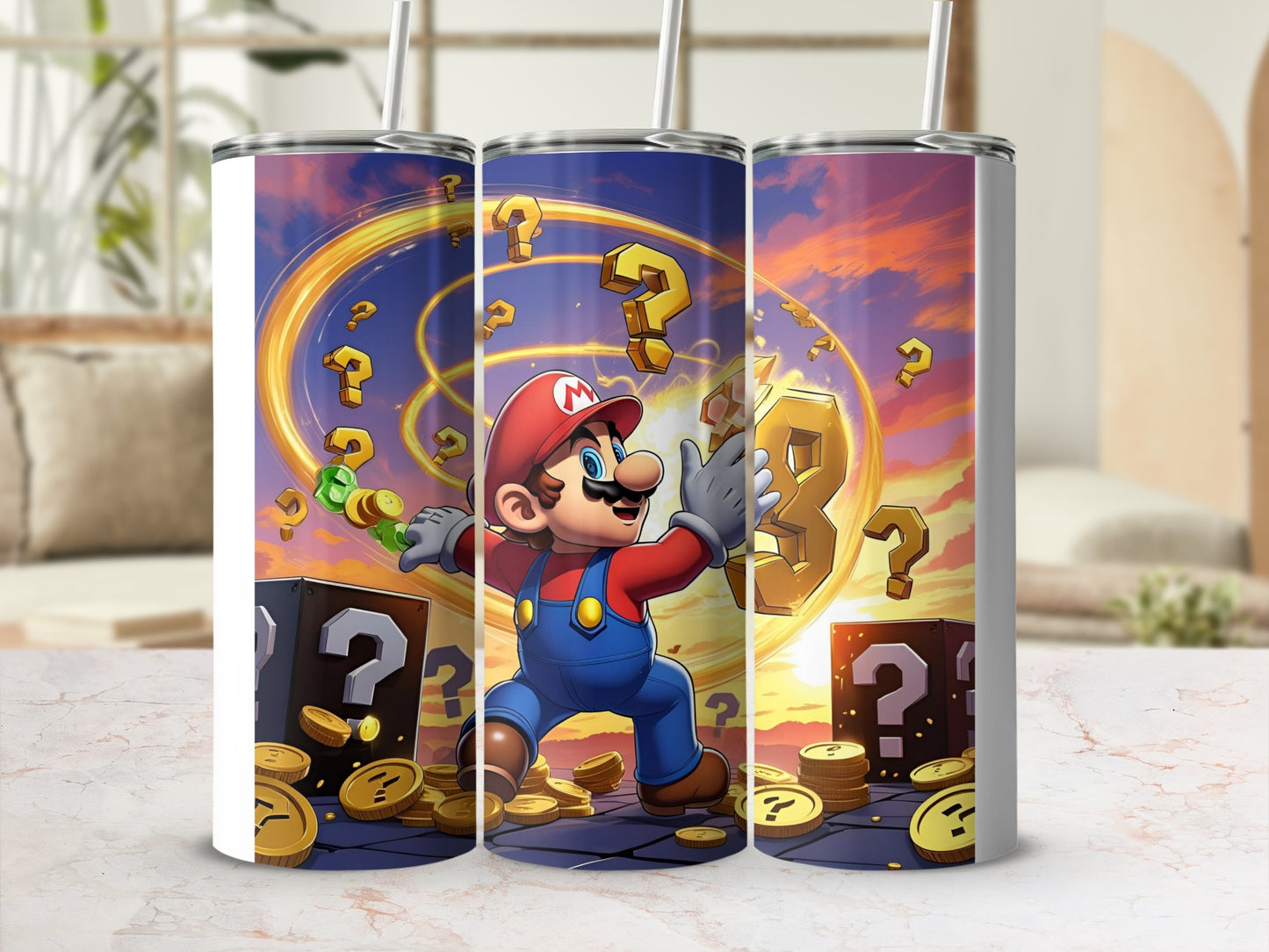 Mario collecting coins and question blocks against a sunset sky.