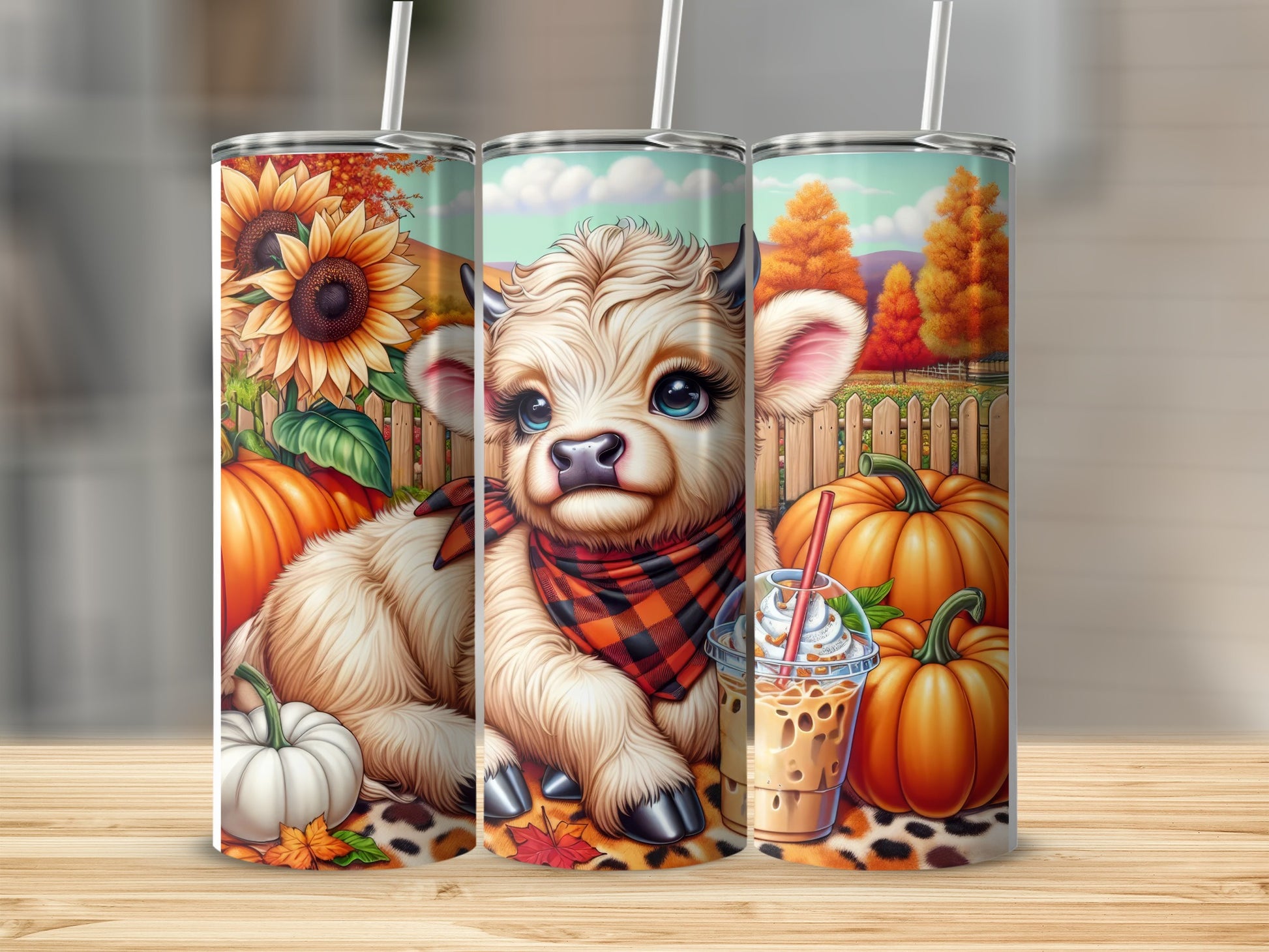 Cow and pumpkins with plaid scarf and coffee drink tumbler.