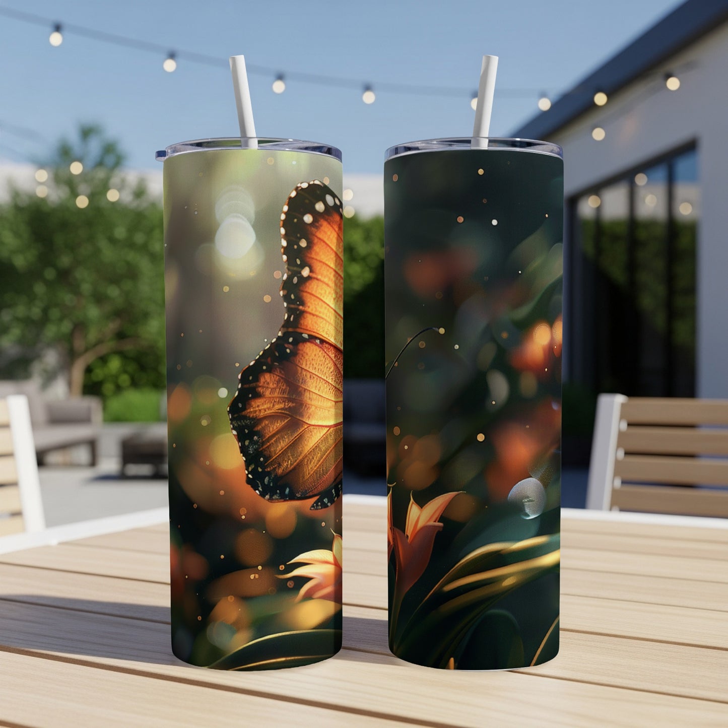 Two tumblers with monarch butterfly and floral design on outdoor table.