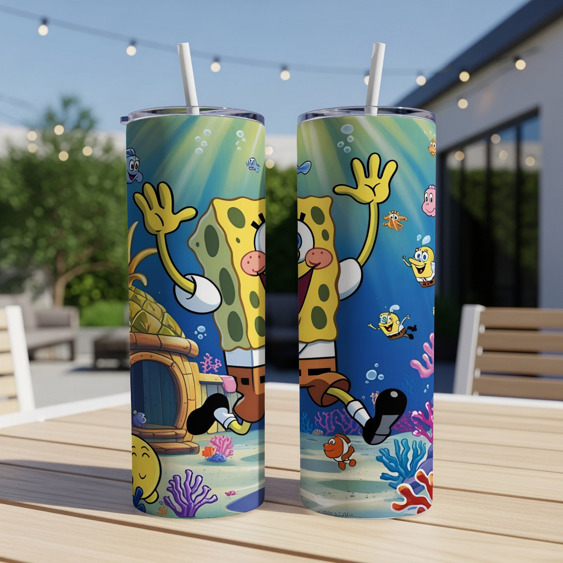 SpongeBob SquarePants character illustration on a cylindrical tumbler with a straw.