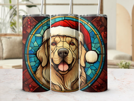Golden Retriever wearing a Santa hat in stained glass design on a tumbler.