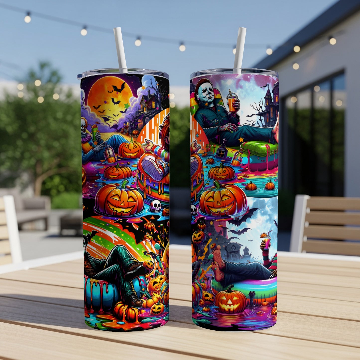 Two tumblers with colorful Halloween horror movie character illustrations.