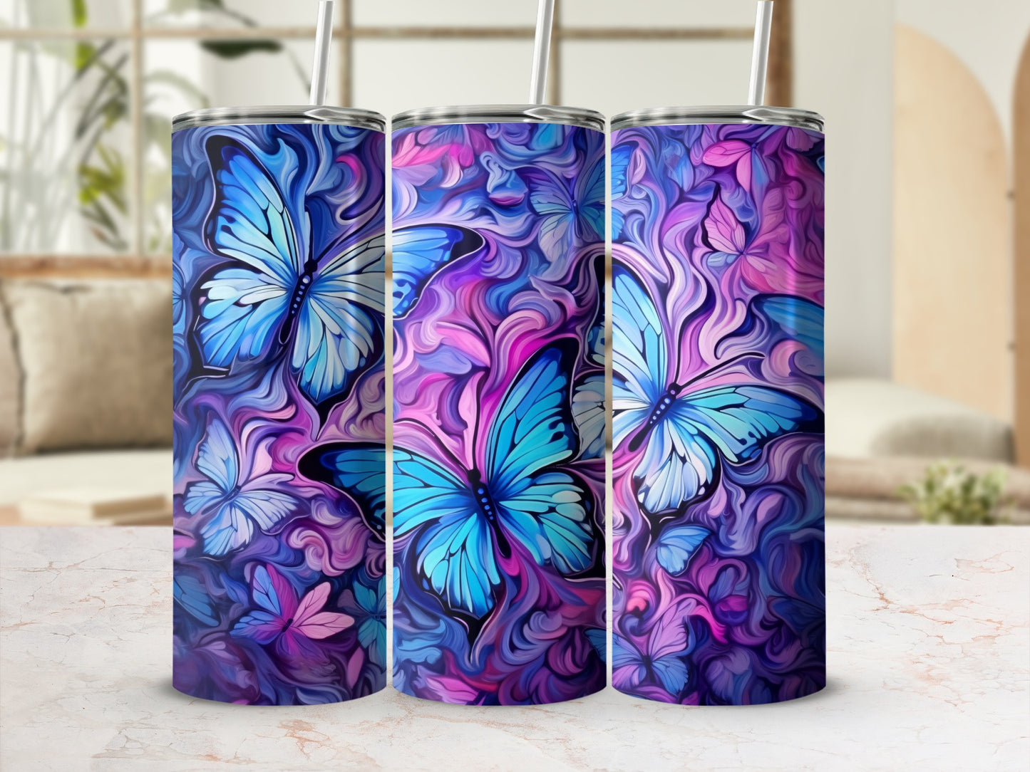 Vibrant Purple and Blue Butterflies Insulated Tumbler