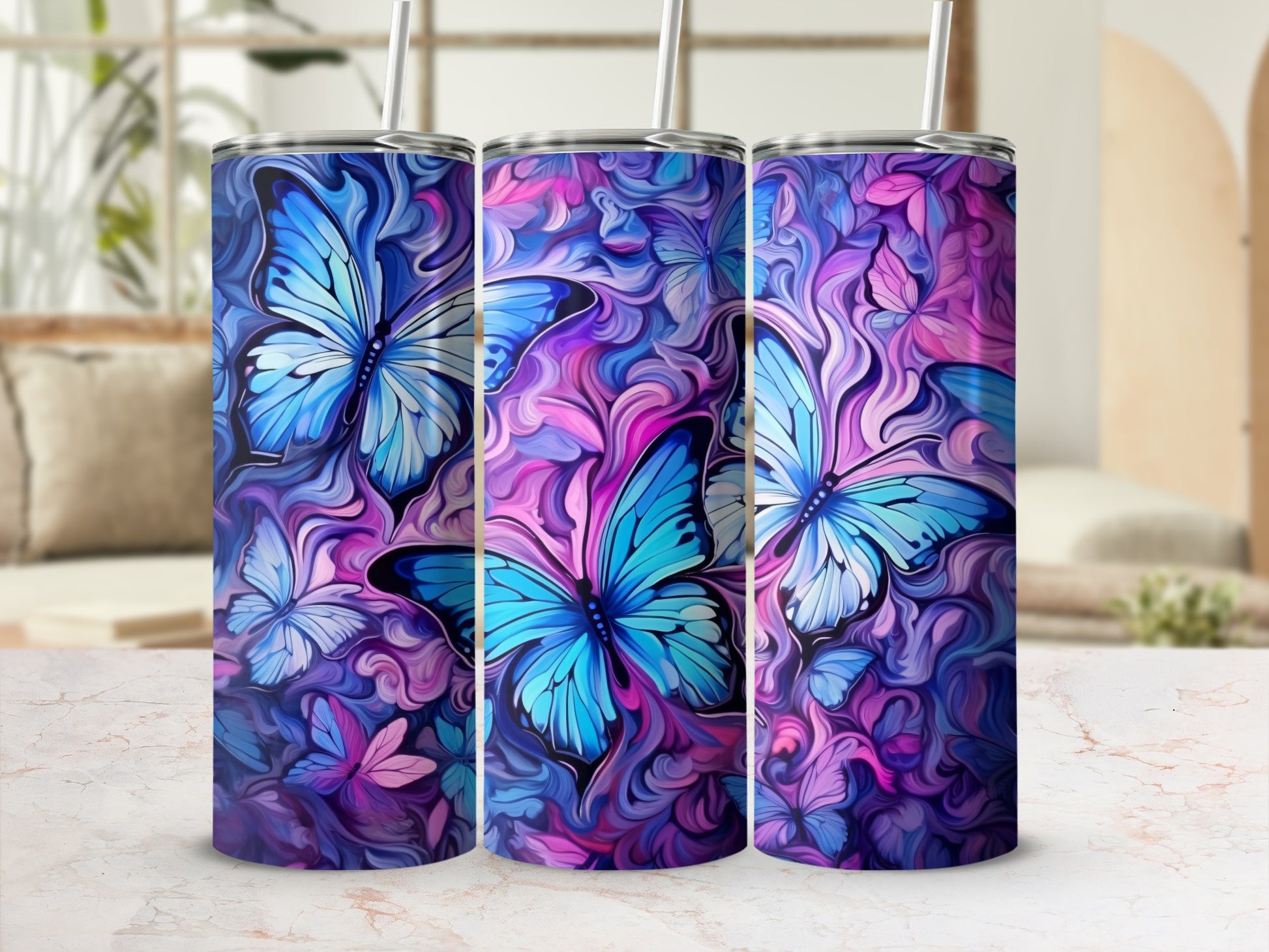 Vibrant Purple and Blue Butterflies Insulated Tumbler