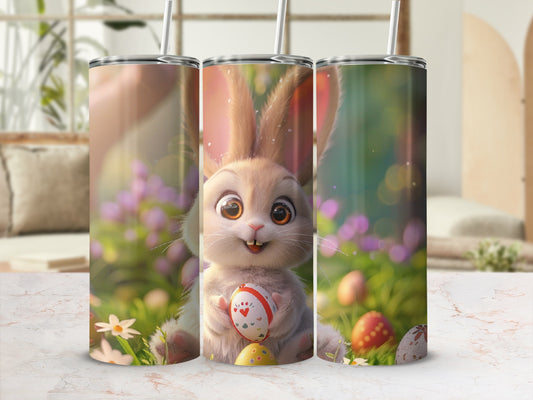 Easter bunny holding decorated egg with eggs and flowers in a meadow.