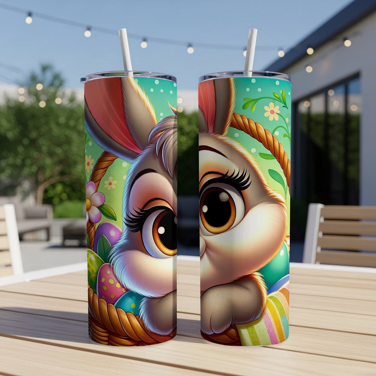 Easter bunny face with basket of colorful eggs on a skinny tumbler.