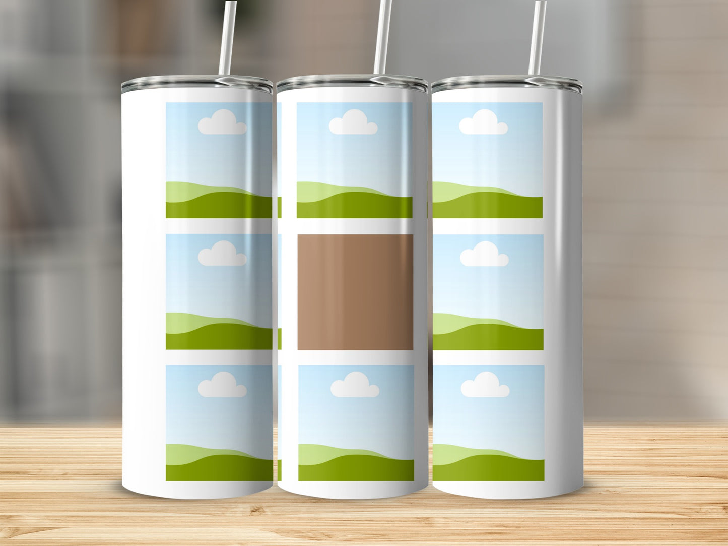 Three white tumblers with straw display nine picture frames each, with a brown square on the middle tumbler.