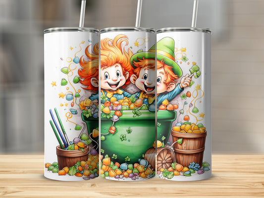 Cartoon leprechauns in a pot of gold and candy.