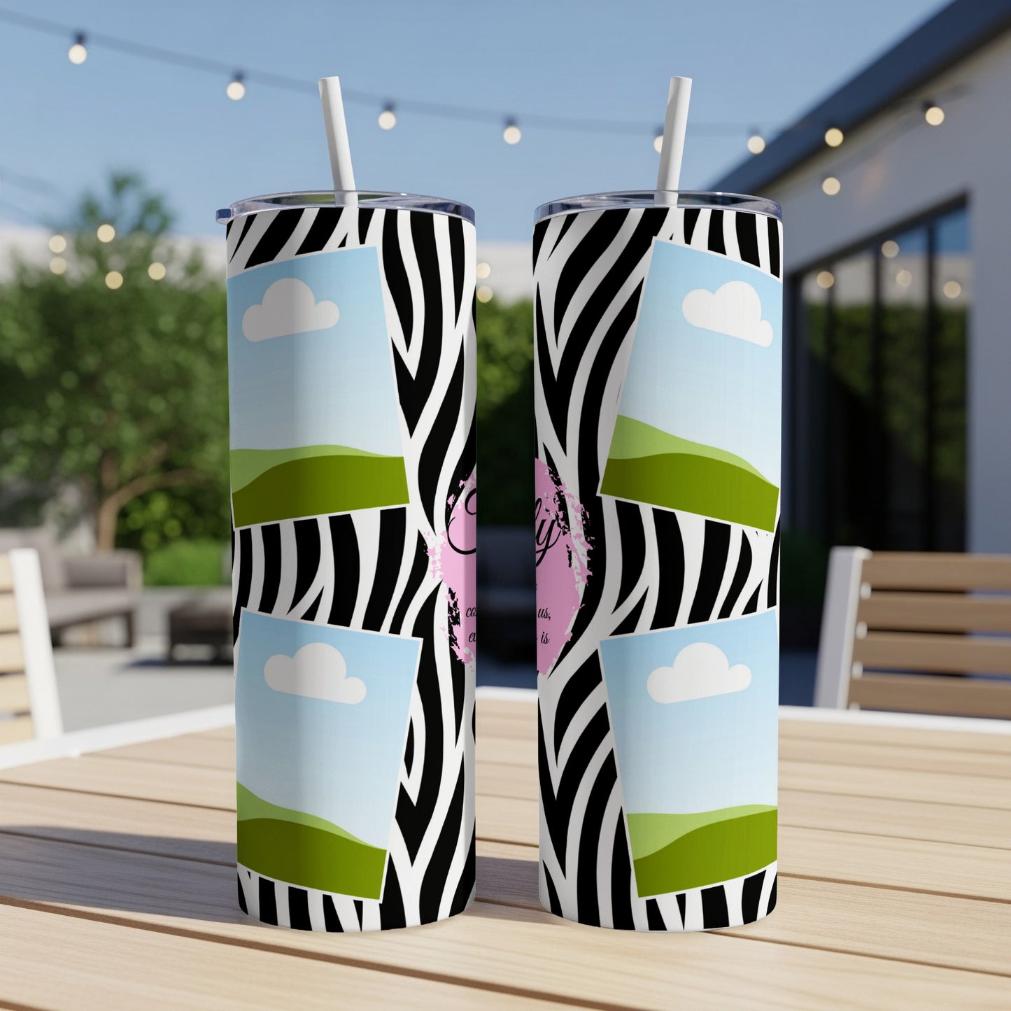 Two tumblers with zebra print and photo collage design with pink text.
