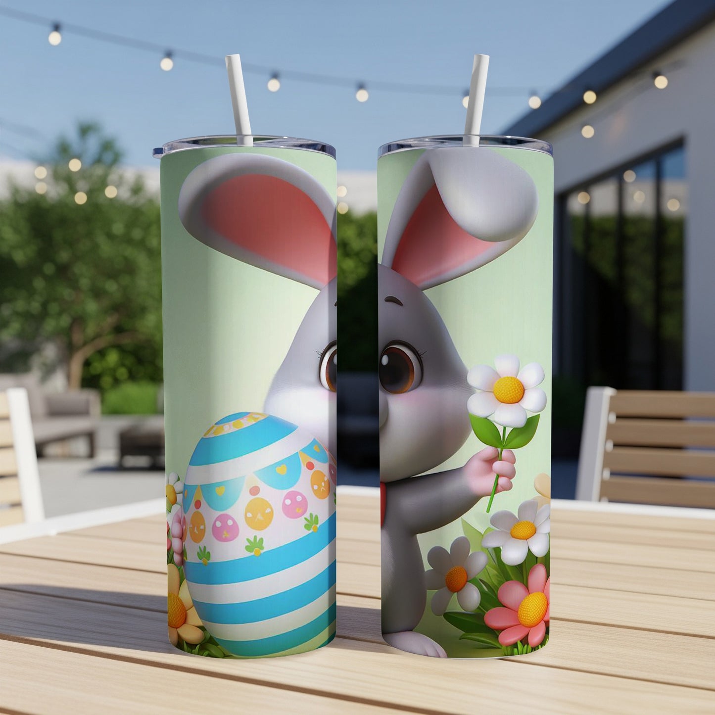 Easter bunny with decorated egg and flowers on a tumbler.