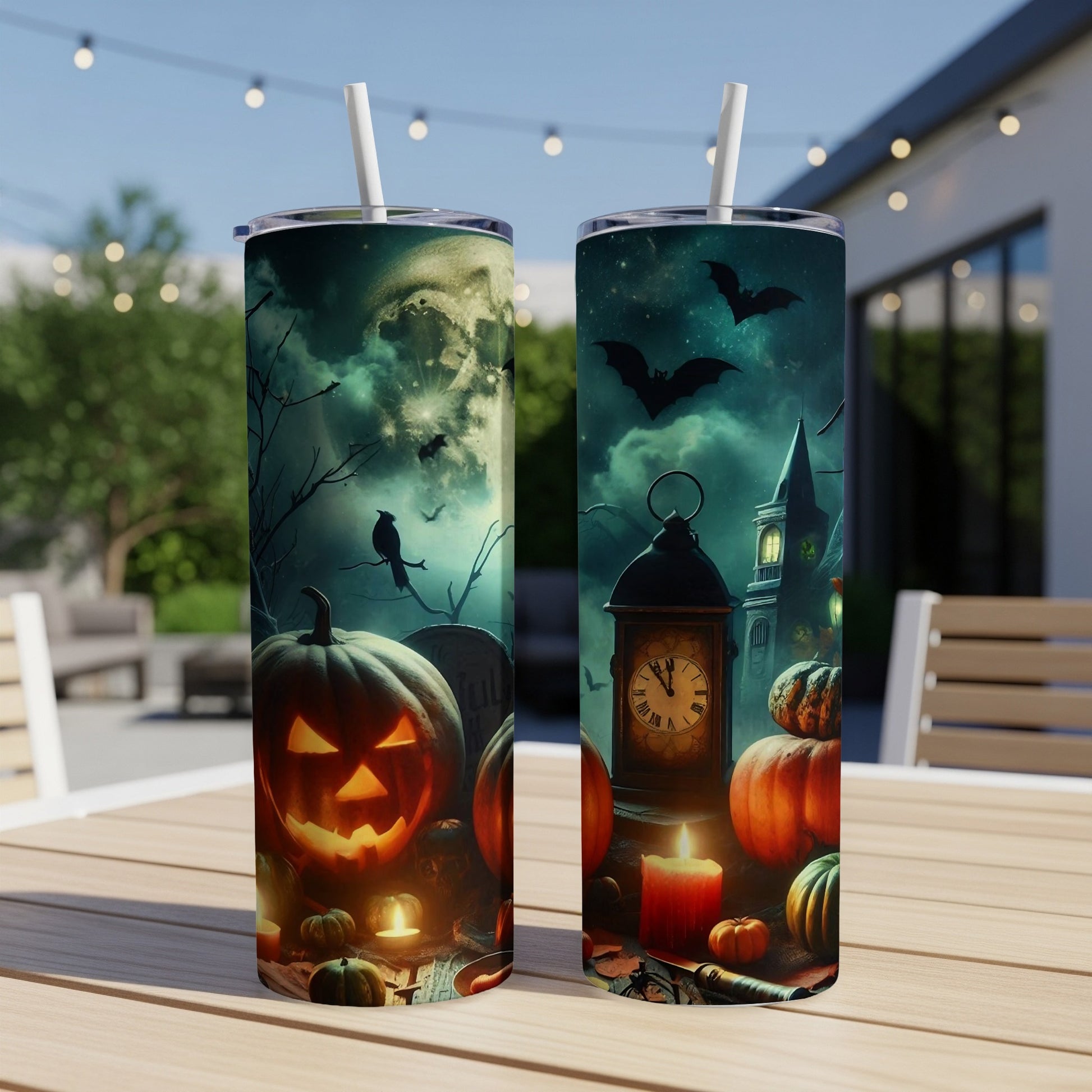 Two Halloween-themed tumblers with jack-o'-lanterns, pumpkins, bats, and a haunted scene.