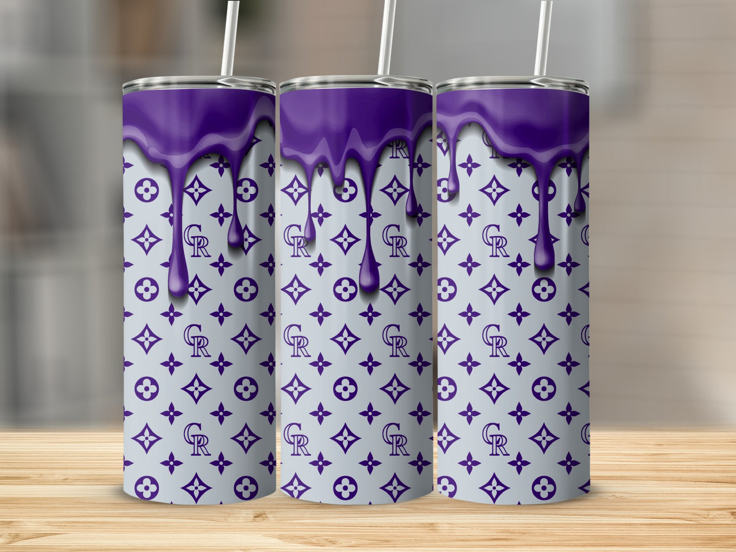 Purple Drip on Pattern with Letters Flowers Graphics Tumblers