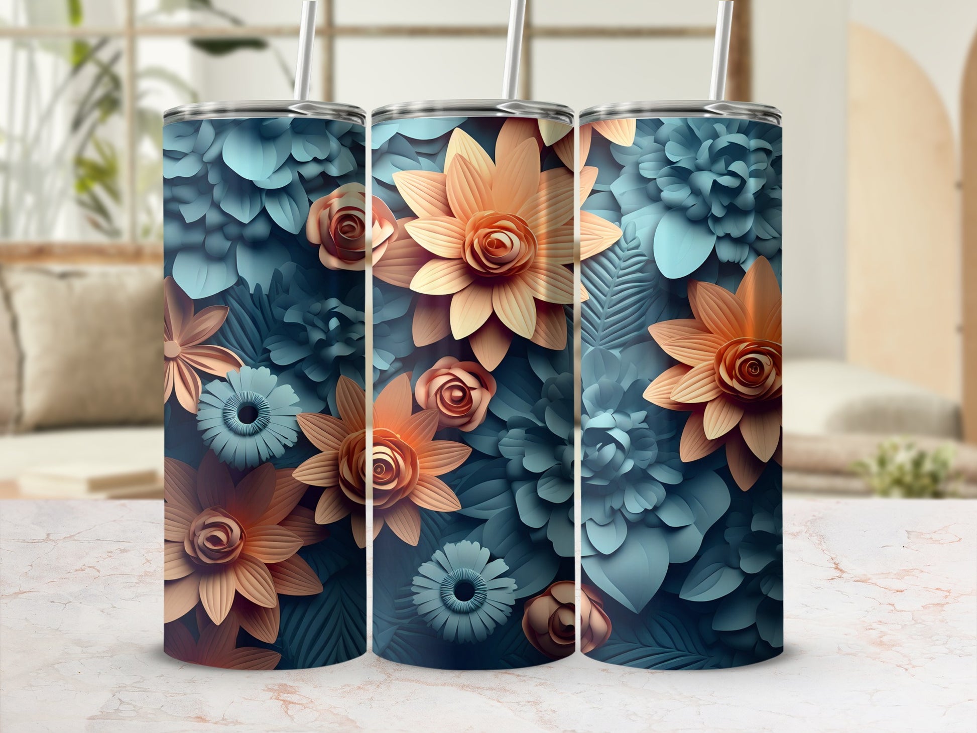 Floral Patterned Tall Tumbler with Straw Cup