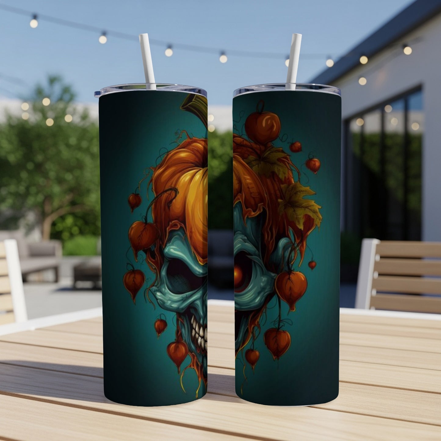 Two tumblers featuring a teal skull with a pumpkin top and hanging lanterns.