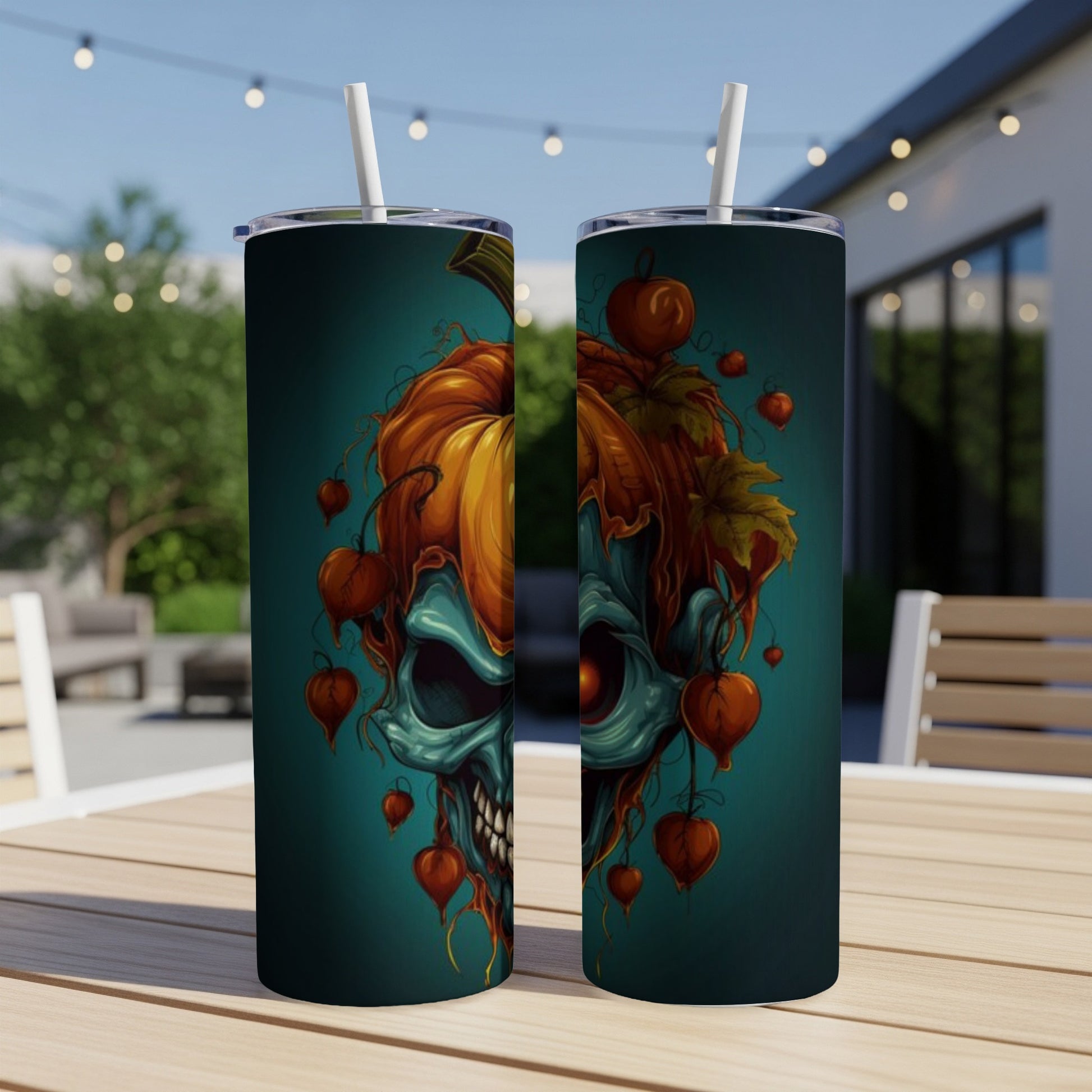 Two tumblers featuring a teal skull with a pumpkin top and hanging lanterns.