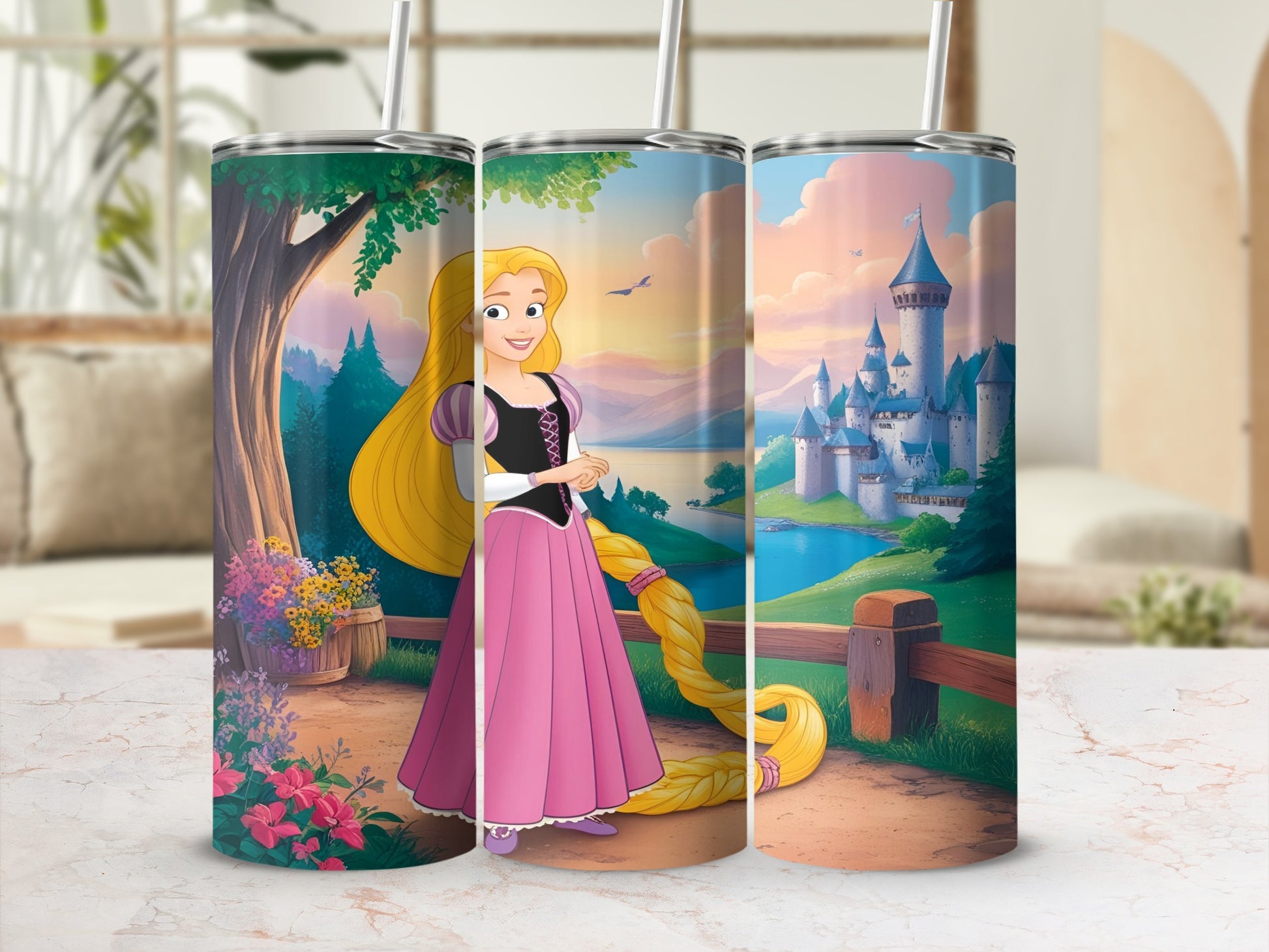 Rapunzel with long blonde hair in pink dress stands by a castle.