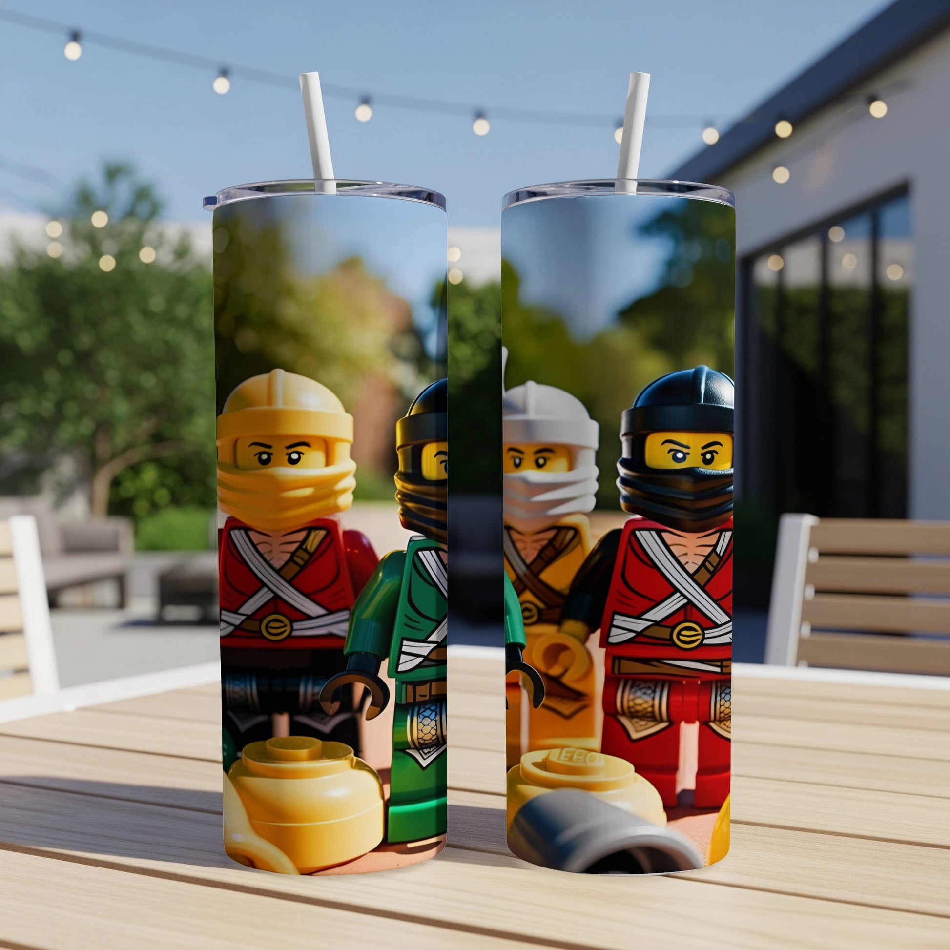 Four Lego Ninjago characters in red, green, yellow, and black outfits stand on a table.