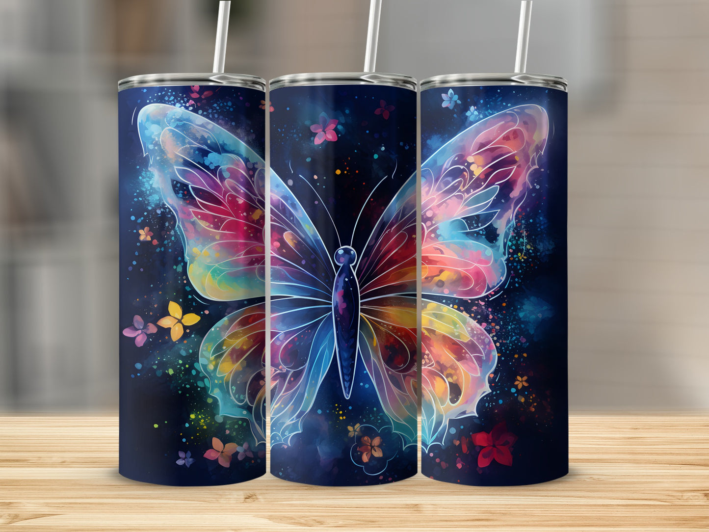 Tumbler with colorful watercolor butterfly and floral designs on dark background.