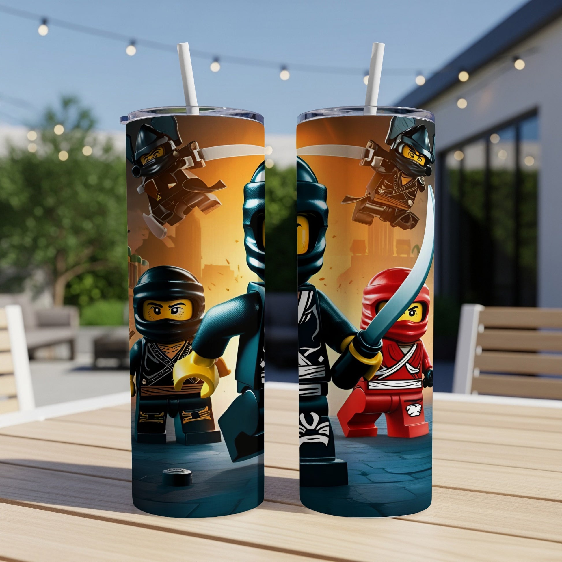 Two Lego Ninjago characters, one in black and one in red, stand with weapons on a patterned background.