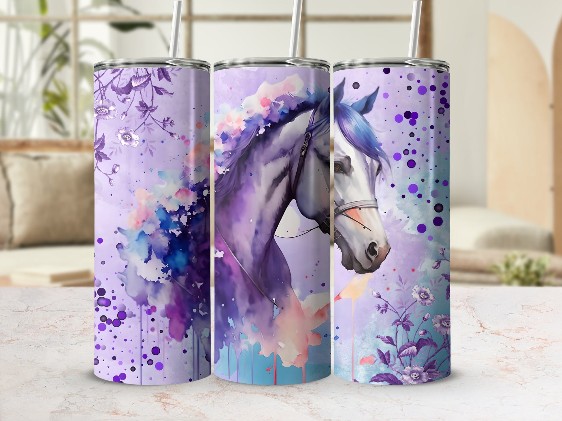 Horse Art Printed Tumblers with Purple Hues