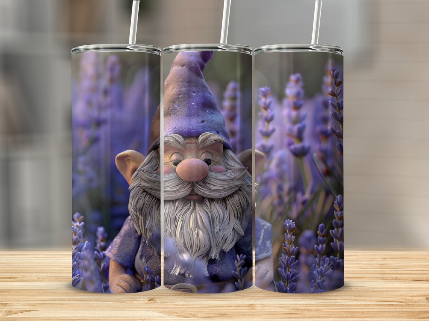 Gnome tumbler with lavender flowers.