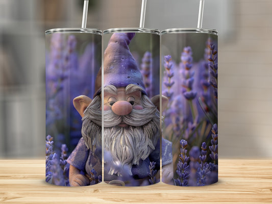 Gnome tumbler with lavender flowers.