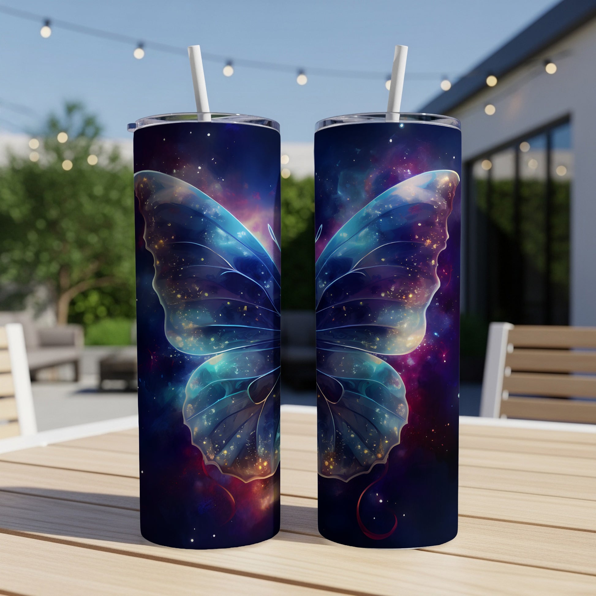 Two tumblers with a glowing blue butterfly and starry space design.