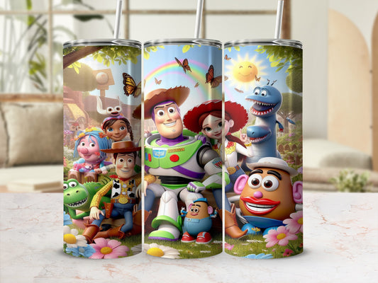Toy Story characters Buzz Lightyear, Woody, Jessie, and Rex on a tumbler.