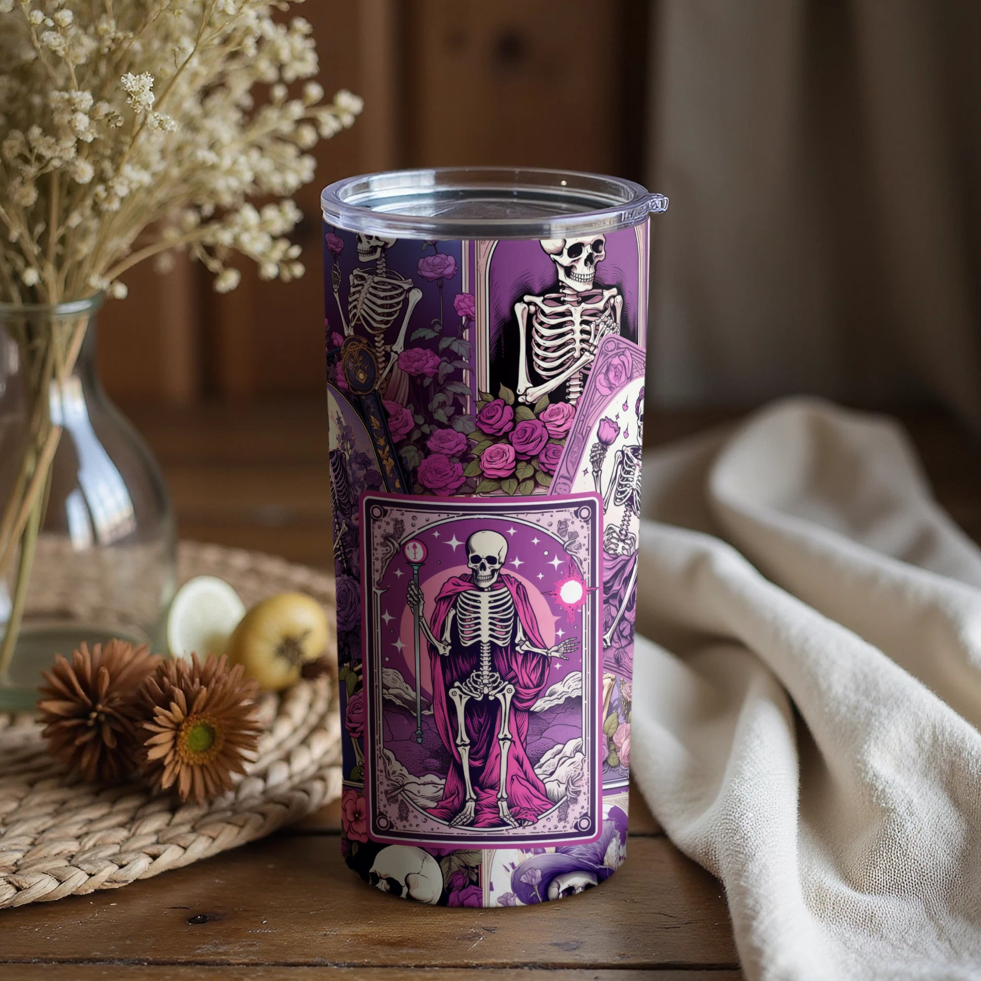 Skeleton Tarot Art Tumbler with Purple Skeletons Design
