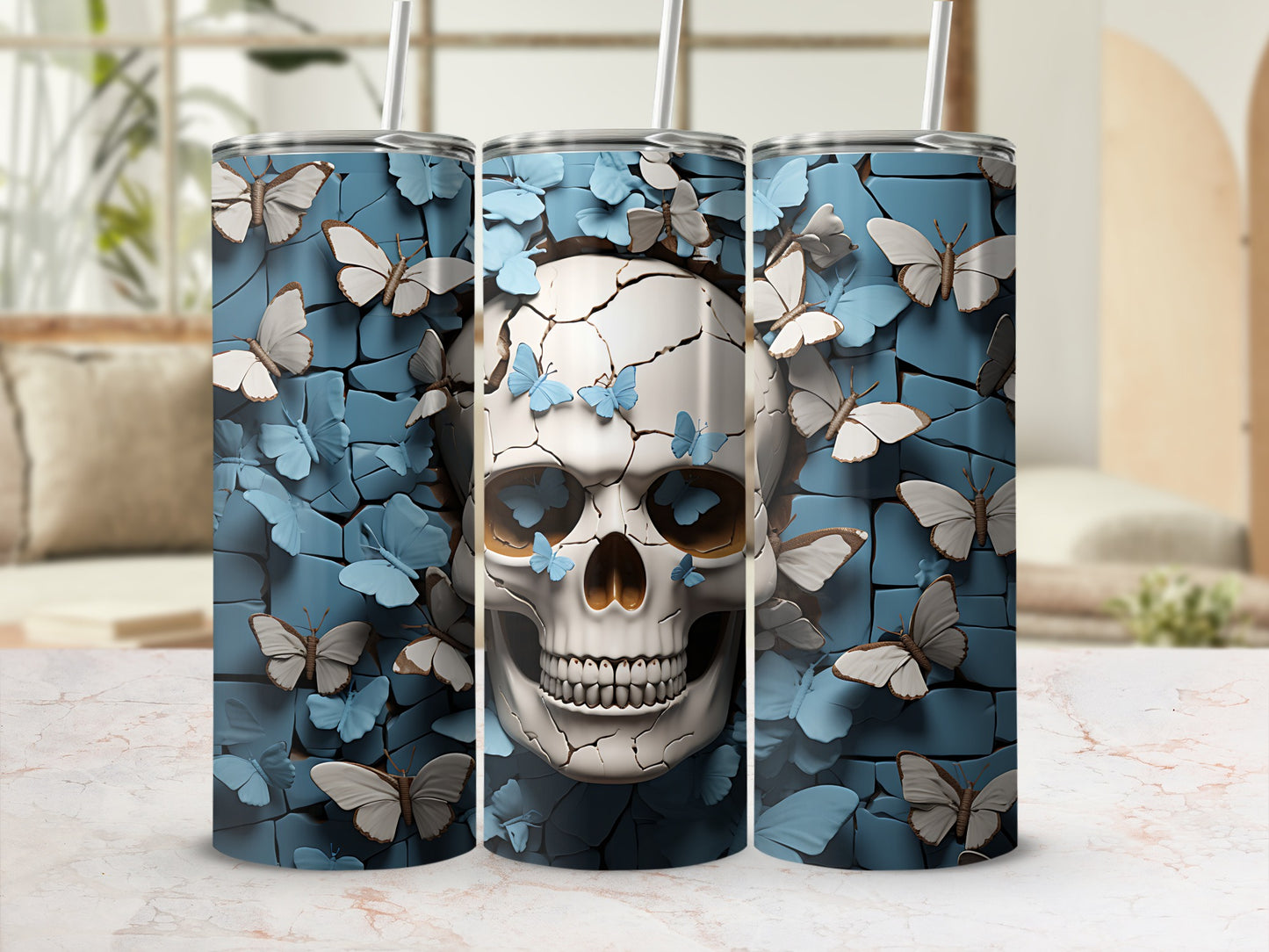 Skull with blue butterflies and cracked texture on a blue background.