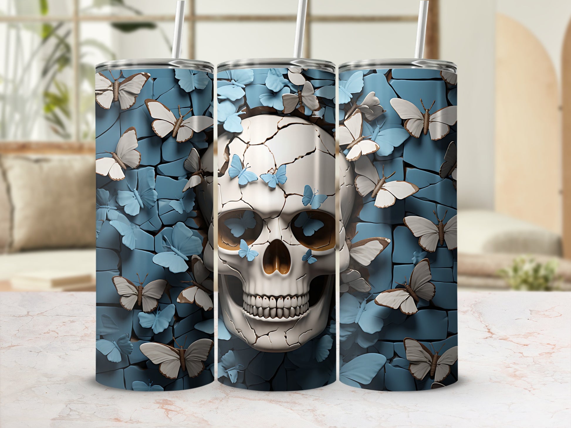 Skull with blue butterflies and cracked texture on a blue background.